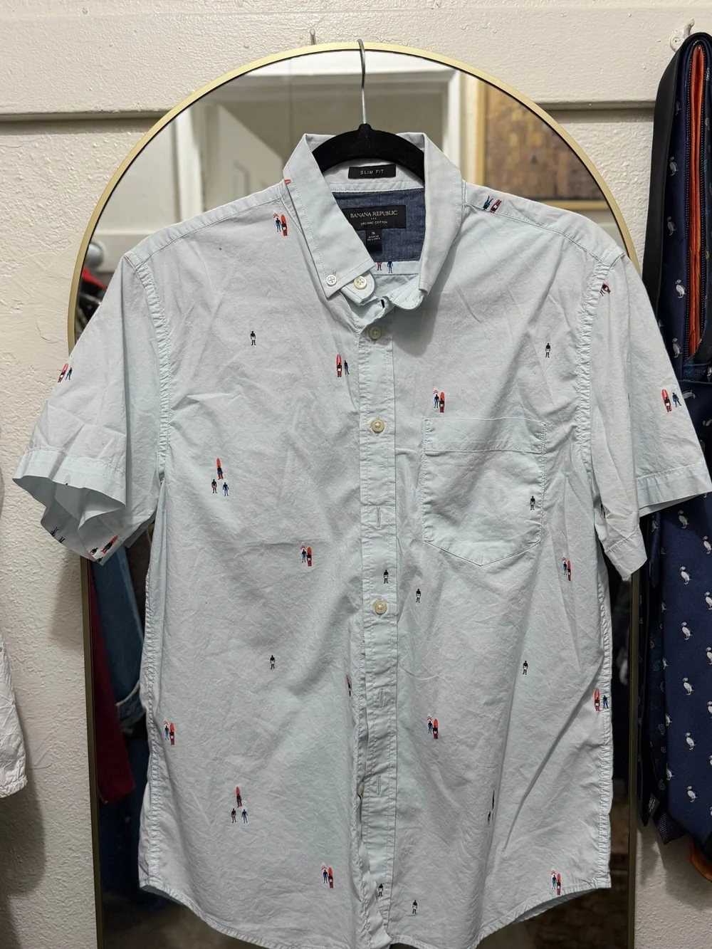 Banana Republic Pale Blue Short-Sleeve Button-Down with Mini Embroidery